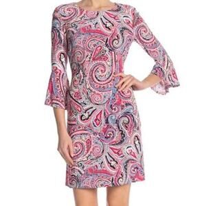 Tommy Hilfiger NWOT Pink Fresco Paisley Print Bell Sleeve A-Line Mini Dress